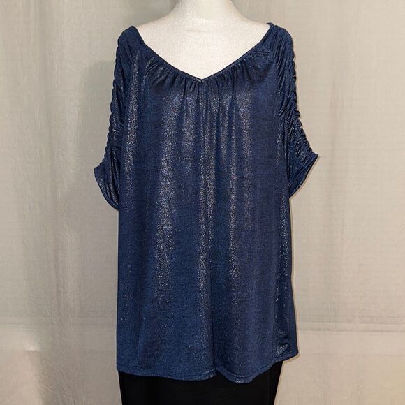 JL 2X Shimmery Indigo Blue V-Neck Knit Short Ruched Sleeve Elegant Top - Picture 1 of 8